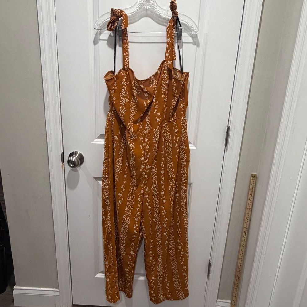 BCBG Paris Womens Jumpsuit Floral Tie Shoulder Burnt Orange XL